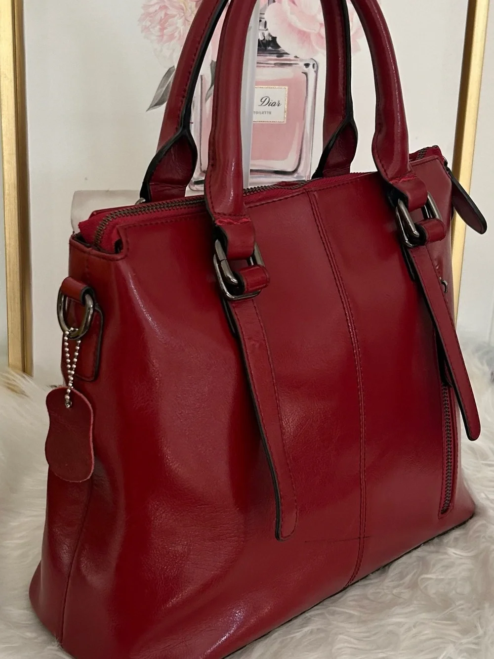 HESHE Red Genuine Leather Satchel Tote